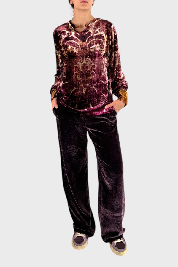 Camicia in velluto stampato bordeaux 1