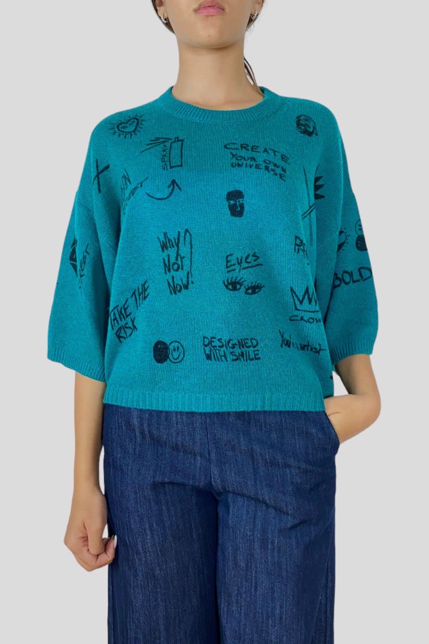 Maglia Sweet Cashmere graffiti maniche a tre quarti