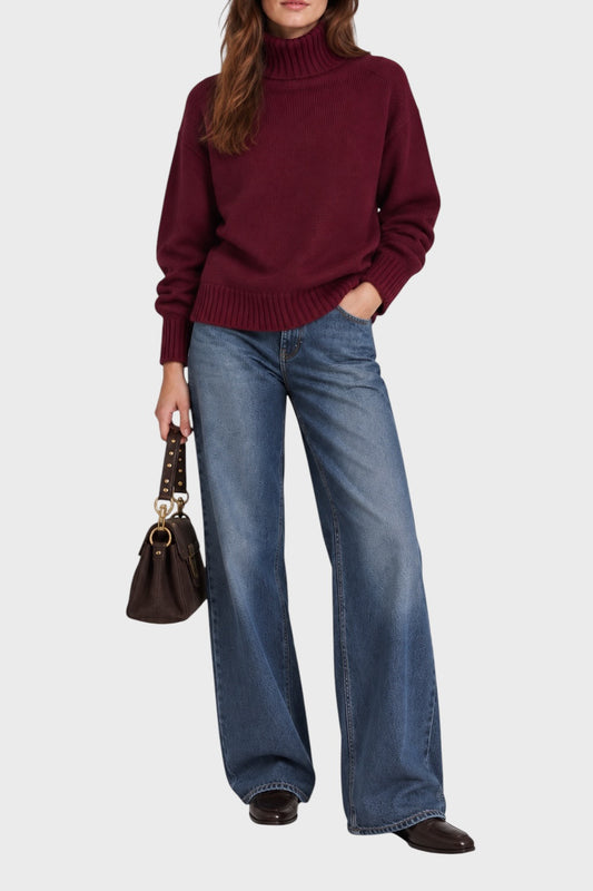 Maglia BE YOU Merlot a collo alto in cachemire 3 fili, fronte intero
