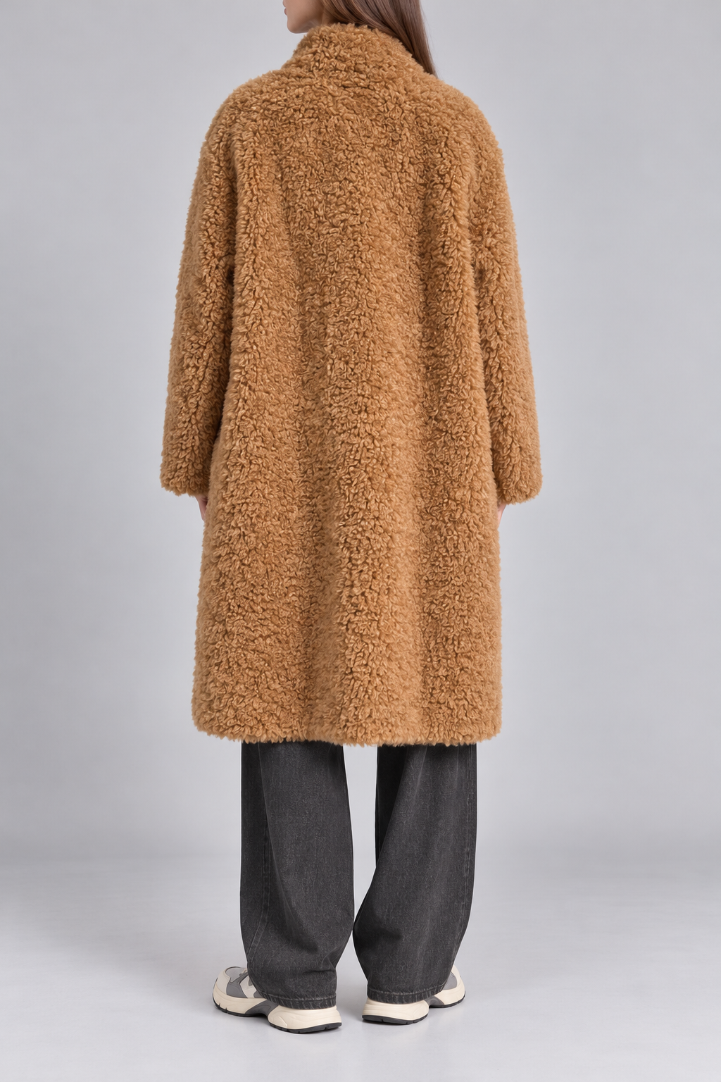 Cappotto lungo effetto teddy cammello