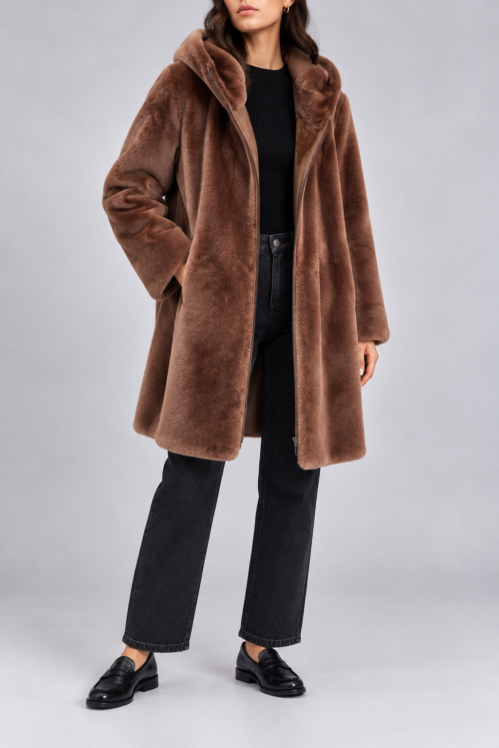 Montone reversibile Suprema Bronzo, vista frontale lato a pelo