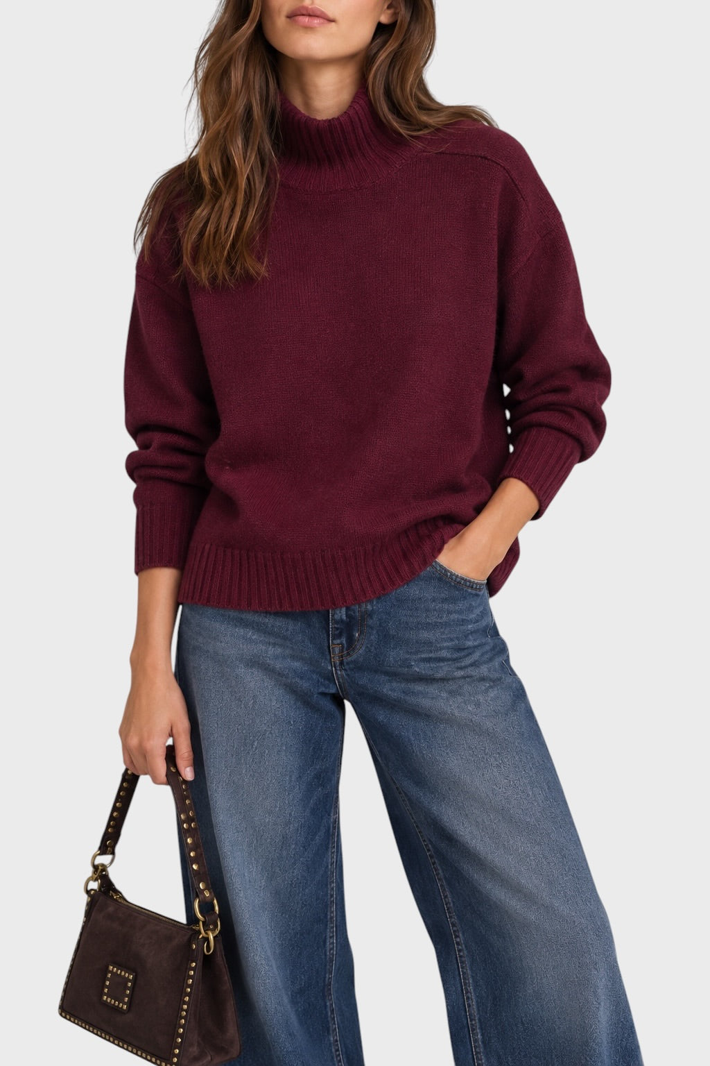 Maglia BE YOU Merlot a collo alto in cachemire 3 fili, fronte ravvicinato