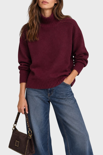 Maglia BE YOU Merlot a collo alto in cachemire 3 fili, fronte ravvicinato