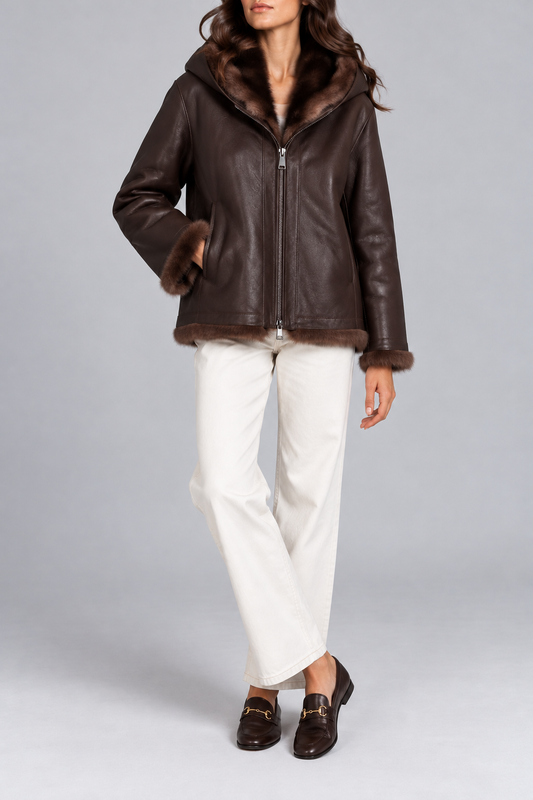 Montone con cappuccio in shearling Fondente