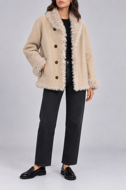 Montone reversibile Suprema Kalgan Sand, vista frontale lato nappato
