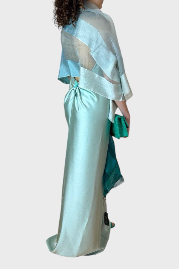 Vestito lungo con jabot  acqua