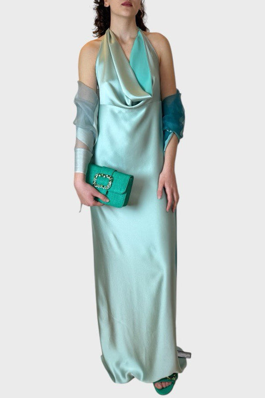 Vestito lungo con jabot verde