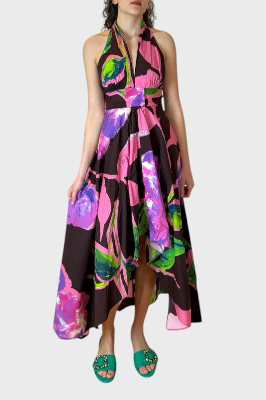 Vestito asimmetrico fantasia floreale moro/fuxia