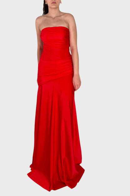 Abito Lungo Rosso a Fascia Drappeggiato Elegante