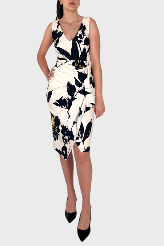 Abito Midi Floreale con Drappeggio e Gonna Asimmetrica