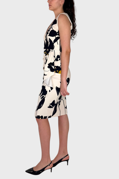 Abito Midi Floreale con Drappeggio e Gonna Asimmetrica