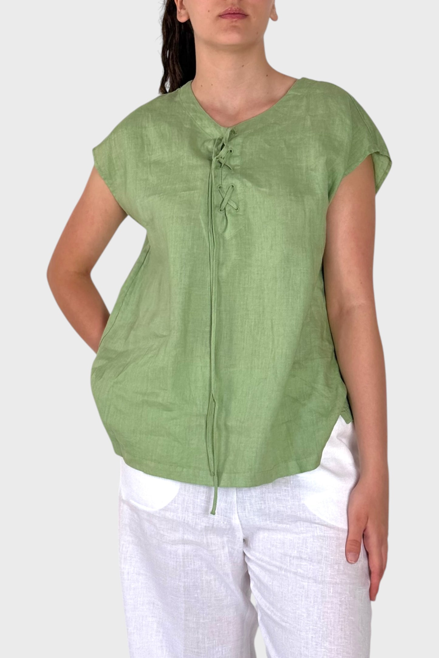 Blusa in Cotone con Scollo Stringato Verde Salvia