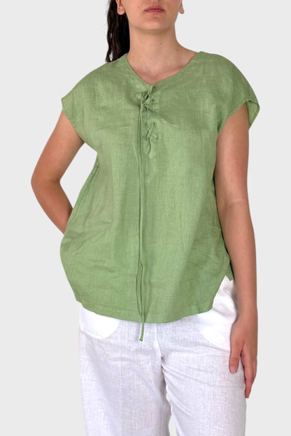 Blusa in Cotone con Scollo Stringato Verde Salvia