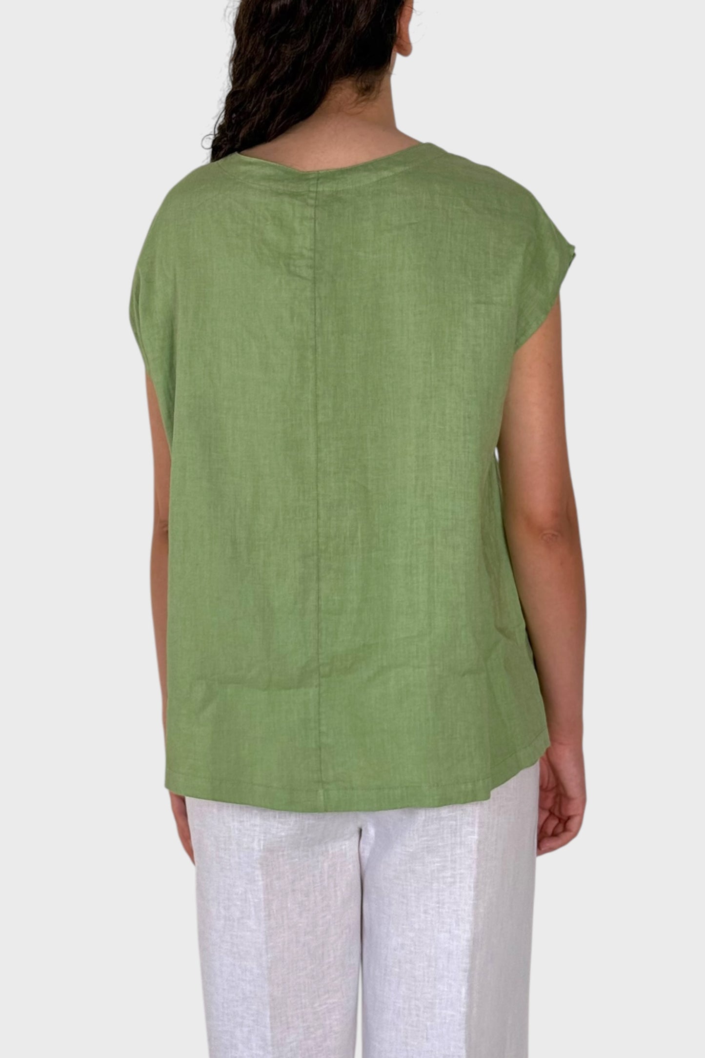 Blusa in Cotone con Scollo Stringato Verde Salvia