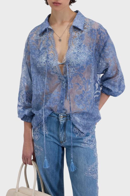 Camicia in raso devoré con inserti in pizzo elegante