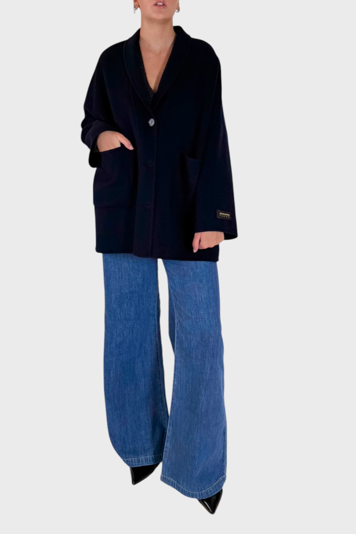 Cappotto in Lana Blu Scuro con Collo a Rever