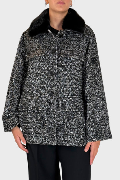 Cappotto in Tweed Bouclé con Collo in Pelliccia