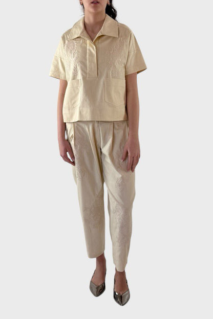 Completo avorio ricamato con top e pantalone