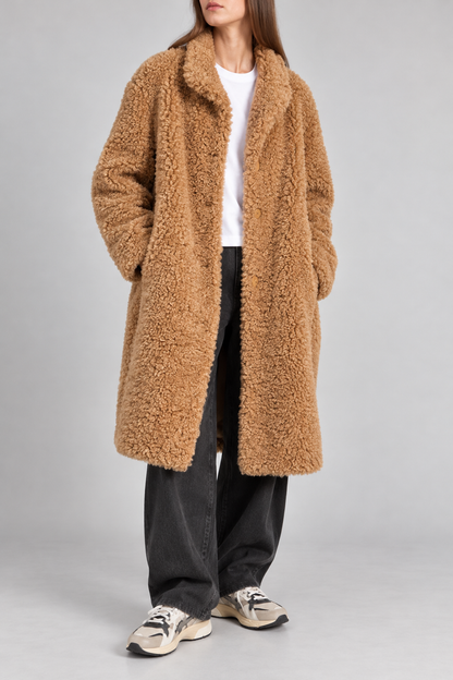 Cappotto lungo effetto teddy cammello