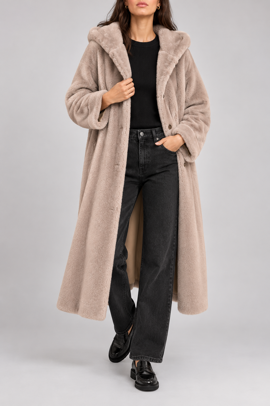 Montone lungo reversibile Suprema Sand, vista frontale lato a pelo