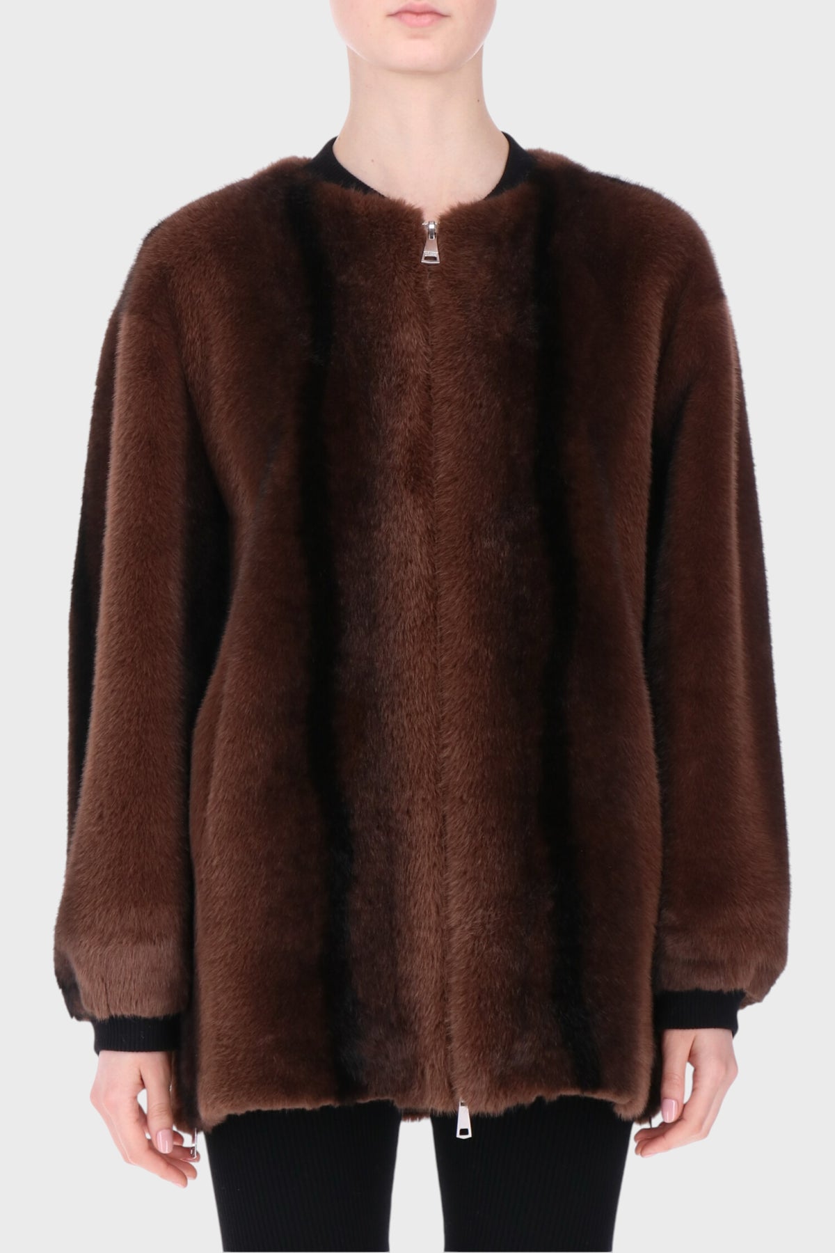 Giacca in Ecopelliccia Marrone con Zip