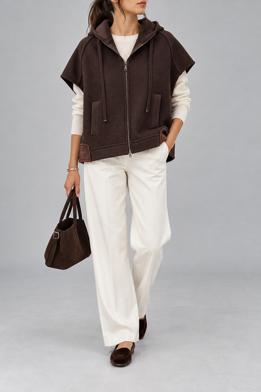 Gilet caffè con cappuccio e zip
