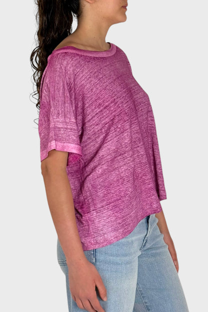 T-Shirt Donna in Lino Rosa Melange Oversize con Scollo Barca
