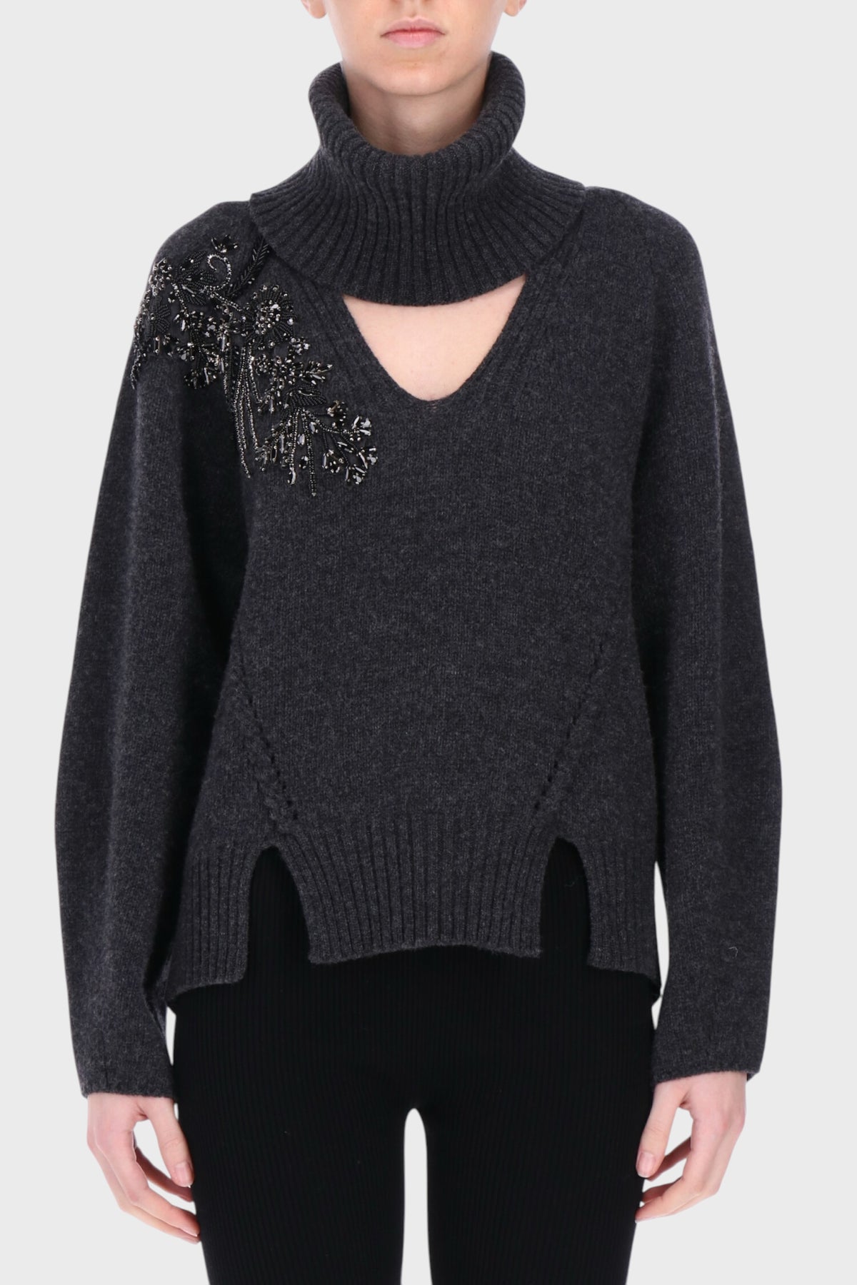Maglione in Lana con Collo Amovibile e Ricamo Gioiello