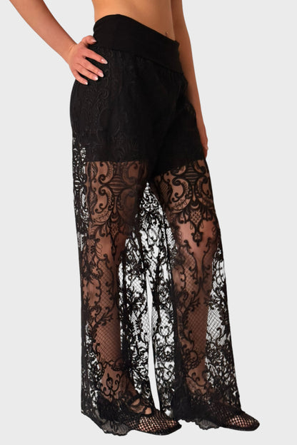 Pantaloni Palazzo In Pizzo Nero Con Trasparenze Decorate