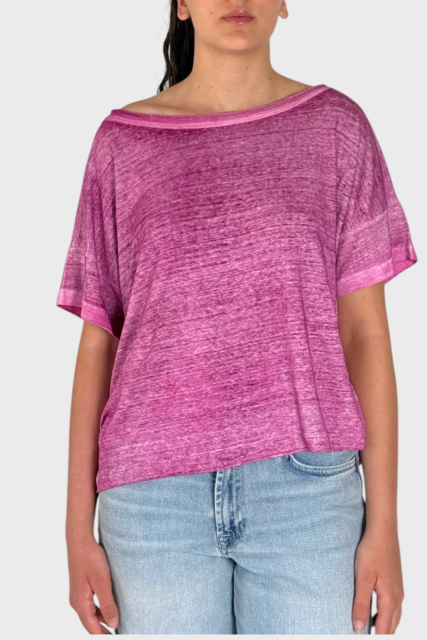 T-Shirt Donna in Lino Rosa Melange Oversize con Scollo Barca