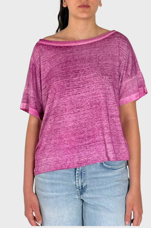 T-Shirt Donna in Lino Rosa Melange Oversize con Scollo Barca