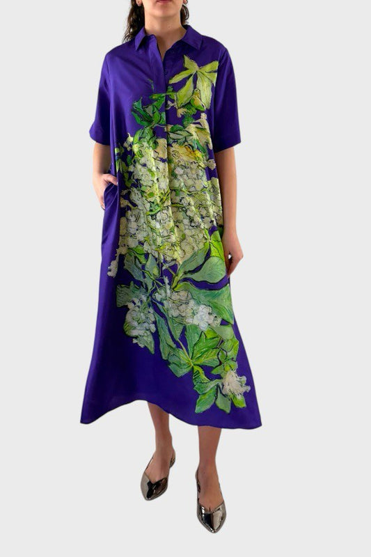 Vestito lungo stampa floreale con collo camicia