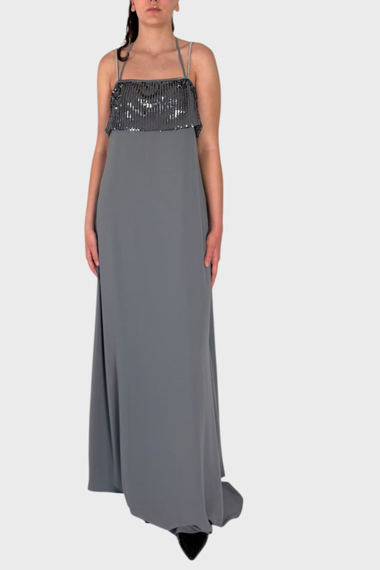 Vestito lungo grigio con fascia in paillettes