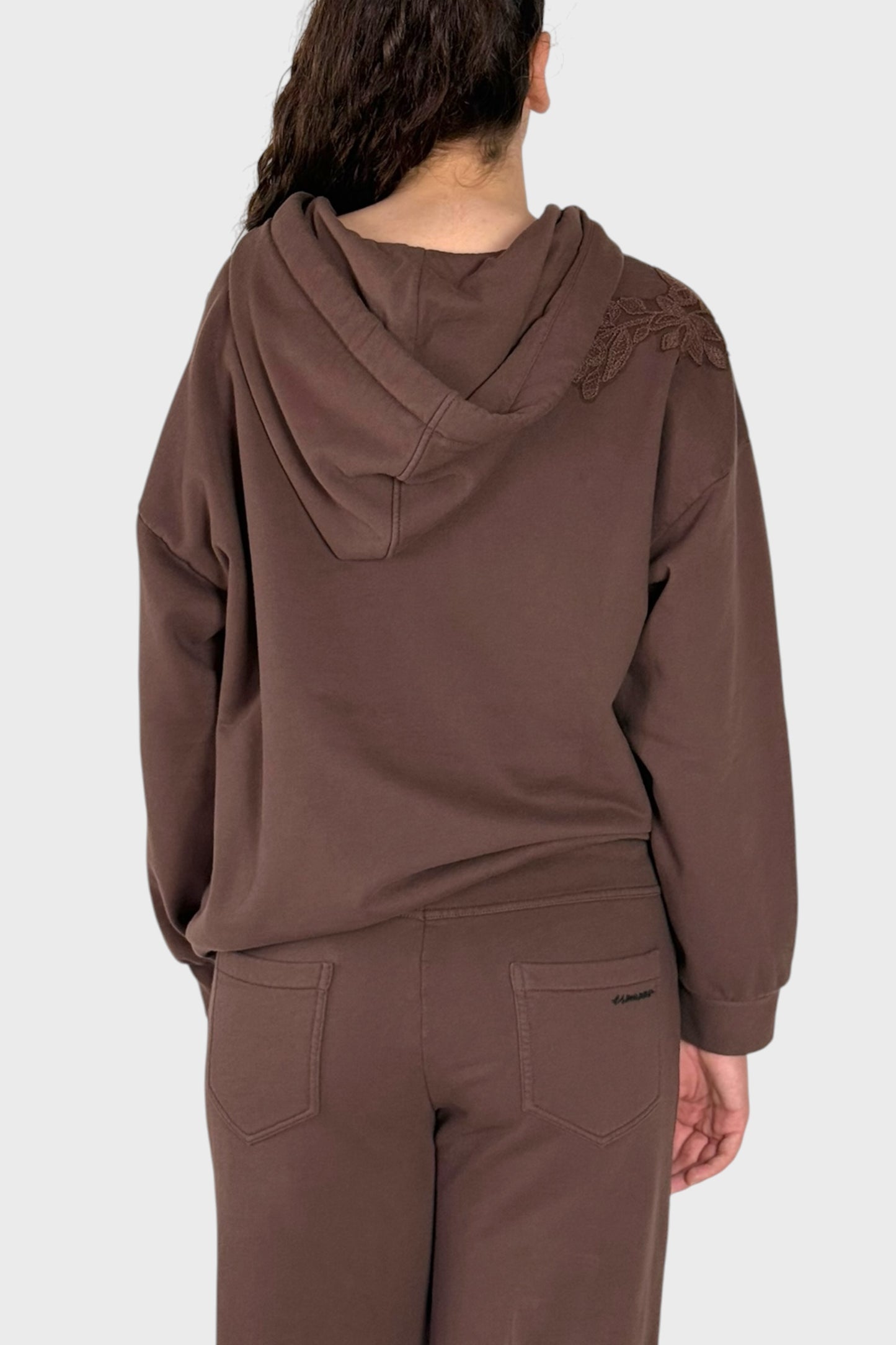 Felpa Zip con Cappuccio e Ricami Floreali