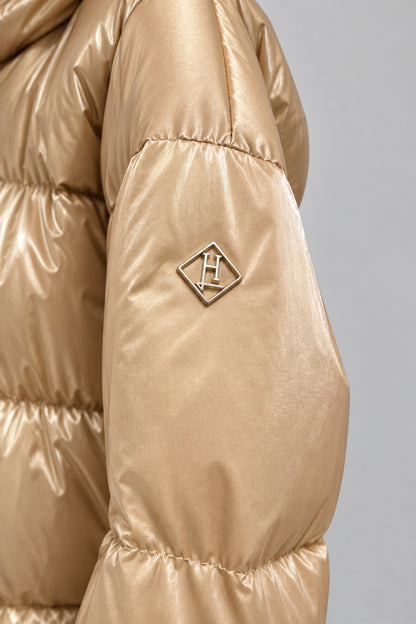 Piumino oro con cappuccio e bordo in maglia Herno - dettaglio