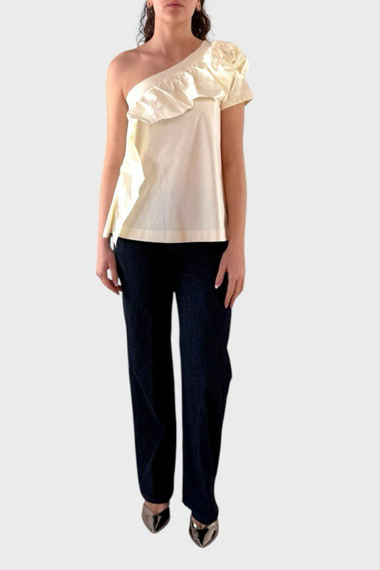 T-shirt monospalla asimmetrica con fiore in taffettas