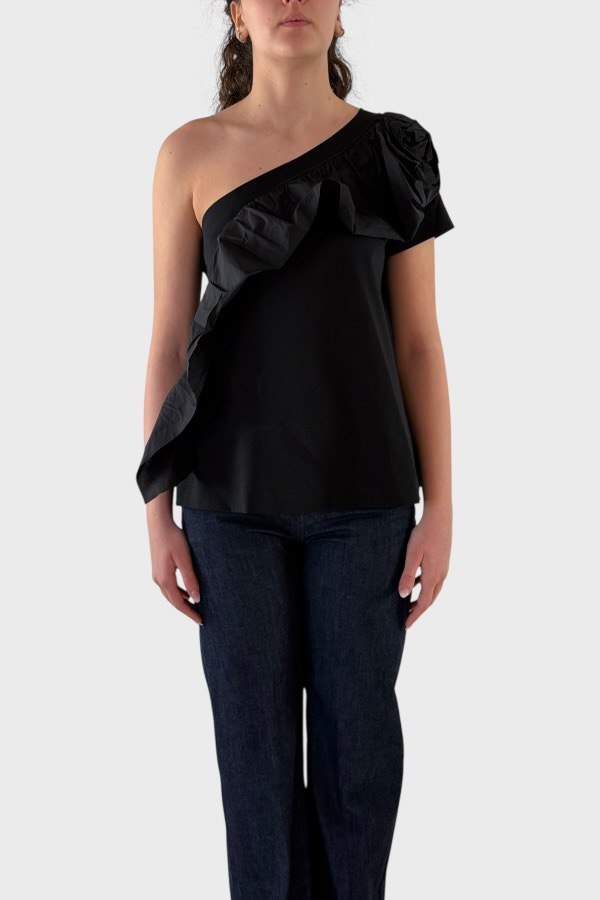 T-shirt monospalla asimmetrica con fiore in taffettas